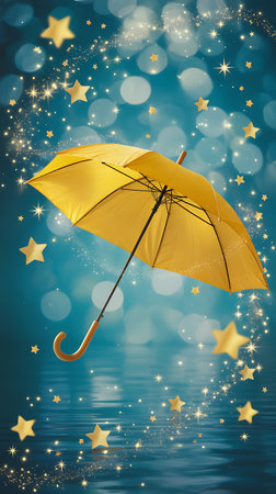 abstract background with yellow umbrella and stars on bokeh backgroundの素材