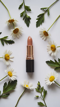 Cosmetic branding, glamour lip gloss and camomile flowers concept - Luxury lipstick and daisies on white background, make-up and cosmetics flatlay for beauty brand product designの素材