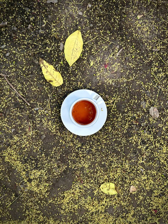 Cup of tea on the ground with yellow leaves in autumn.
