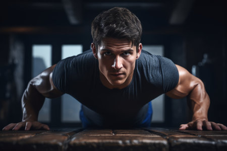 Portrait Of A Young Physically Fit Man Doing Push Ups As Part Of Bodybuilding Trainingの素材