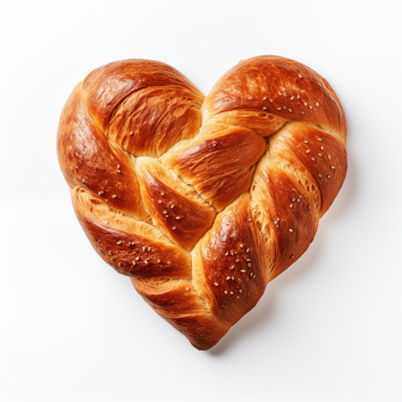 Heart shaped bread with sesame seeds on white background, top viewの素材