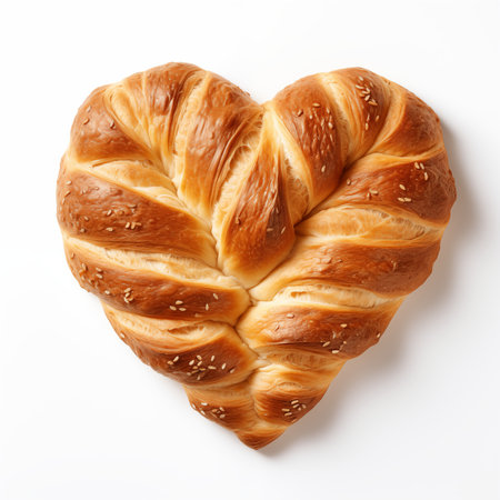 Heart shaped bread with sesame seeds on white background, top viewの素材
