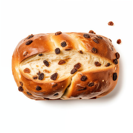 Sweet brioche with raisins isolated on white background. Top viewの素材