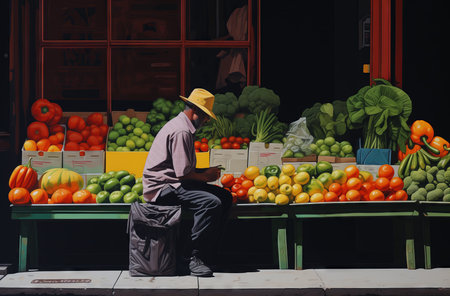 Unidentified Spanish man in a hat and apron sells fruits and vegetables on the street.の素材