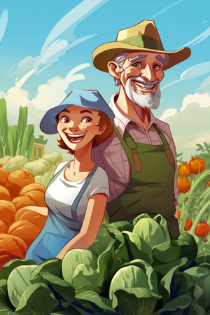 illustration of a Happy farmer and his wife in the vegetable garden.の素材