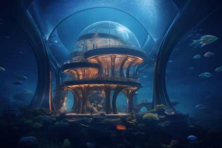 Science fiction scene of fantasy alien planet. Underwater world. 3D illustration.の素材