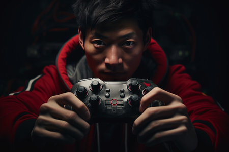 young Asian man hold video game controller in dark room.の素材