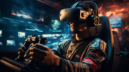 Portrait of a young man playing video games in virtual reality glasses.の素材