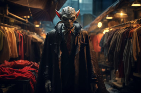 Fashion shot of a vampire man in a coat and mask.の素材
