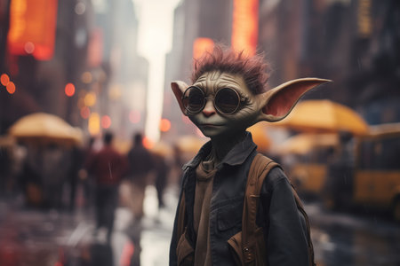 boy in a mask of goblin on the street of the city at nightの素材
