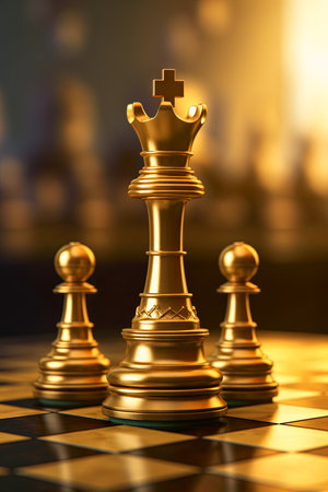 golden king and pawns on chessboard, 3d renderの素材