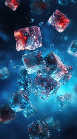 Ice cubes with splashes on blue backgroundの素材