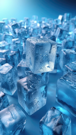 Close up of clear crystal Ice cubes on blue background with water drops on the ice cubeの素材