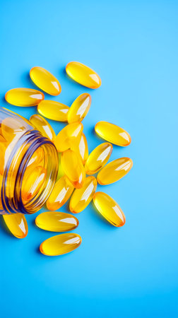 Cod liver oil omega 3 gel capsules spilling out of a bottle on blue backgroundの素材