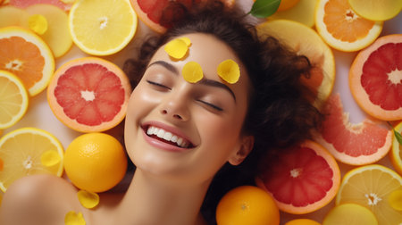 Top view of beautiful young woman lying among citrus slices and smiling.の素材