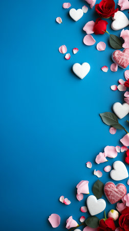Valentine's Day background with hearts and roses on blue backgroundの素材