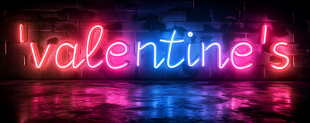 Neon sign text of Valentine's on a dark brick wall backgroundの素材