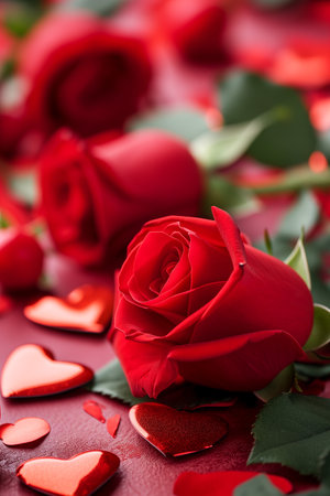 Red roses and hearts on a red background. Valentine's Day.の素材