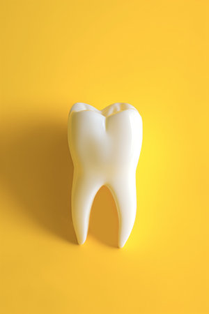 3d white teeth root on a yellow background 3d render of zirconia crown illustration with copy space.の素材