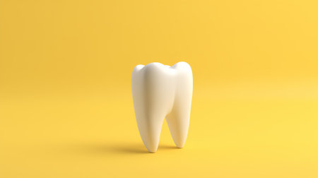 3d white teeth root on a yellow background 3d render of zirconia crown illustration with copy space.の素材
