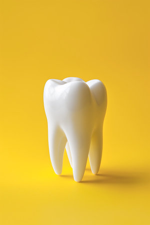 3d white teeth root on a yellow background 3d render of zirconia crown illustration with copy space.の素材