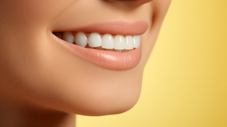 Beautiful young woman with healthy teeth on yellow background, closeupの素材