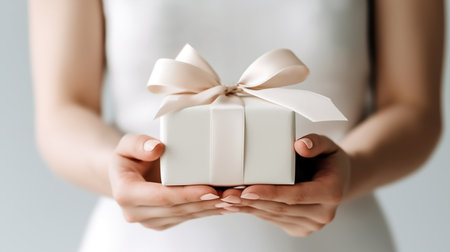 Female hands holding a white gift box with a white bow backgroundの素材