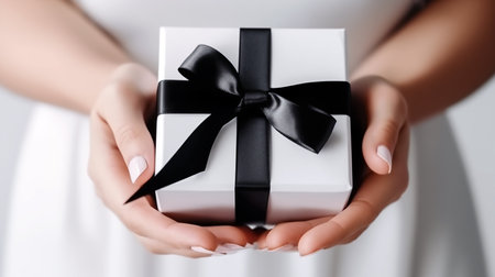 Female hands holding white gift box with black ribbon. Closeup.の素材