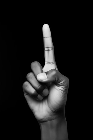 Hand pointing up on a black background. Black and white photo.の素材