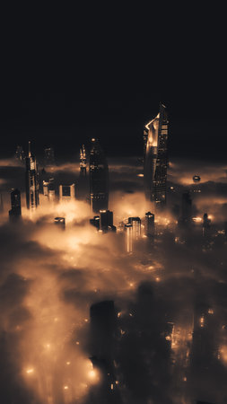 Aerial photo of Kuwait City skyscrapers piercing through the clouds in foggy night