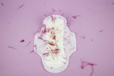 Medical conception photo. Red dreamy smile crochet blood drop, daily and menstrual pad and tampon,...