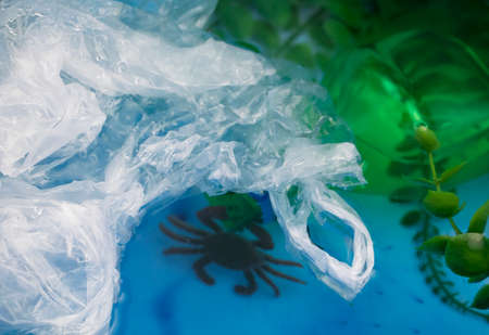Small crab entangled in a plastic bag. Plastic pollution of the oceans. Ecology and environment...