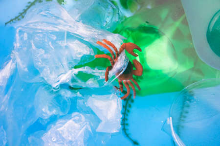 Small crab entangled in a plastic bag. Plastic pollution of the oceans. Ecology and environment...