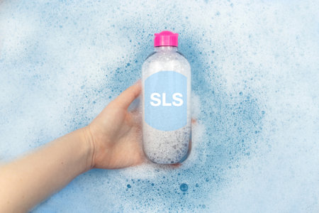 A bottle of micellar water floating in soapy water. Harmful composition of ingredients. Cleanser with SLS. The concept of hazardous substances in cosmetics and household chemicalsの写真素材