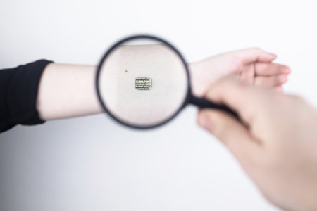 The woman shows his hand with a chip implanted which is studied with a magnifying glass. The concept of chipping and implantation of electronic technologies. Cybernetics and the nanofuture. Cyberpunkの写真素材
