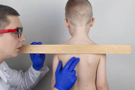 A little boy at the doctor's appointment with back pain. Treatment of spinal deformity and stoop. Osteoporosis, kyphosis, lordosis, or scoliosis.の写真素材
