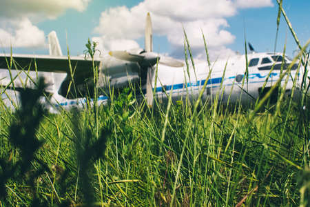 A close-up of an old wrecked passenger plane that has been decommissioned and stands for tourists....
