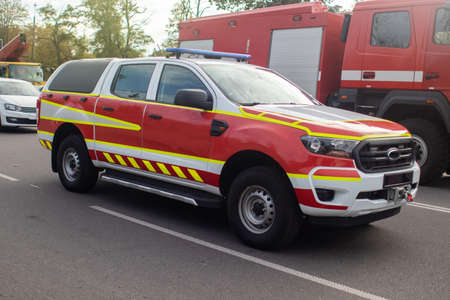 Close-up of rescue vehicles without labels or markings. Firefighters parade and rescue services. The...