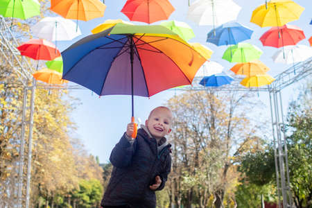Colorful umbrellas. Bottom view. Conceptual art object. No labels or identification marks. Place for your text. Colorful background. Concept of a good mood and protection from problems. Sky is visibleの写真素材