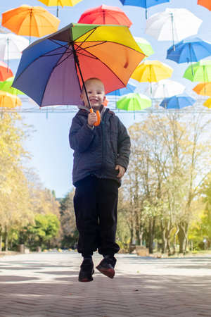 Colorful umbrellas. Bottom view. Conceptual art object. No labels or identification marks. Place for your text. Colorful background. Concept of a good mood and protection from problems. Sky is visibleの写真素材