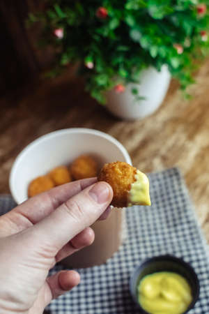 Close-up of potato balls prepared in a fast food restaurant. Barizl national cuisine. Food in a...