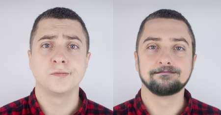 Before and after. On the left is a man without facial hair. On the right, the guy has grown a beard and mustache. The concept of change in appearance, stimulation of hair growth and male beautyの写真素材