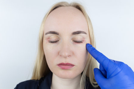 Allergy to cosmetics. The girl looks at the pimples around her eyes that appeared after using toxic cosmetics. Red spots on woman skinの写真素材