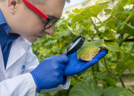 Plant disease agronomist. Junior agricultural scientists research greenhouse plants and look for a way to control pests. yellow leaf. Scientist in white coat. Diseases of agricultural plantsの写真素材