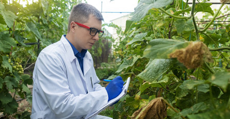 Plant disease agronomist. Junior agricultural scientists research greenhouse plants and look for a way to control pests. yellow leaf. Scientist in white coat. Diseases of agricultural plantsの写真素材