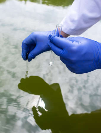 water sample. Checking the condition of rivers or natural lakes. Water test for chemicals, bacteria, harmful substances, radiation. Collection of material in a test tube for further research.の写真素材