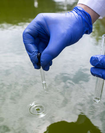 water sample. Checking the condition of rivers or natural lakes. Water test for chemicals, bacteria, harmful substances, radiation. Collection of material in a test tube for further research.の写真素材