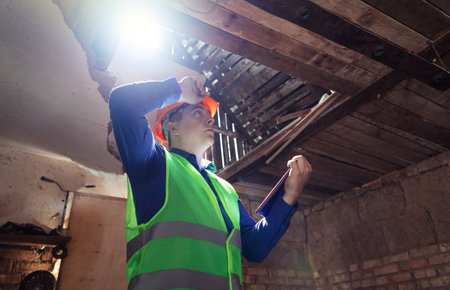 building inspector. Man in a hard hat and a yellow reflective vest examines damaged structures and inspects the building. damage assessment. Preparing for the repair or construction of a buildingの写真素材