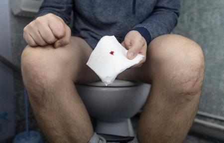 Hemorrhoid concept. A man sits on the toilet and holds white toilet paper in his hands. There is a little drop of blood on it. Aesthetic presentation of problems with the rectum.の写真素材