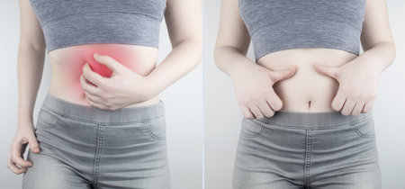 Before and after abdominal pain. On the left is a photo of how the person is hurt stomach, and on the right, that everything is fine for him and the abdominal cavity does not hurt anymore. Spasmsの写真素材